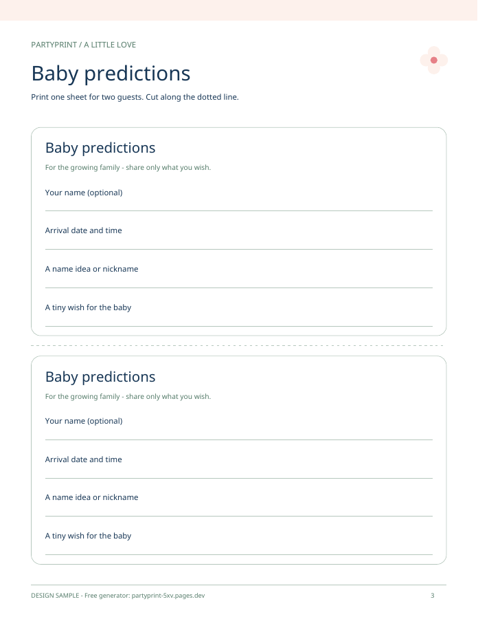 Actual printable page with two baby prediction cards and a dotted cutting line